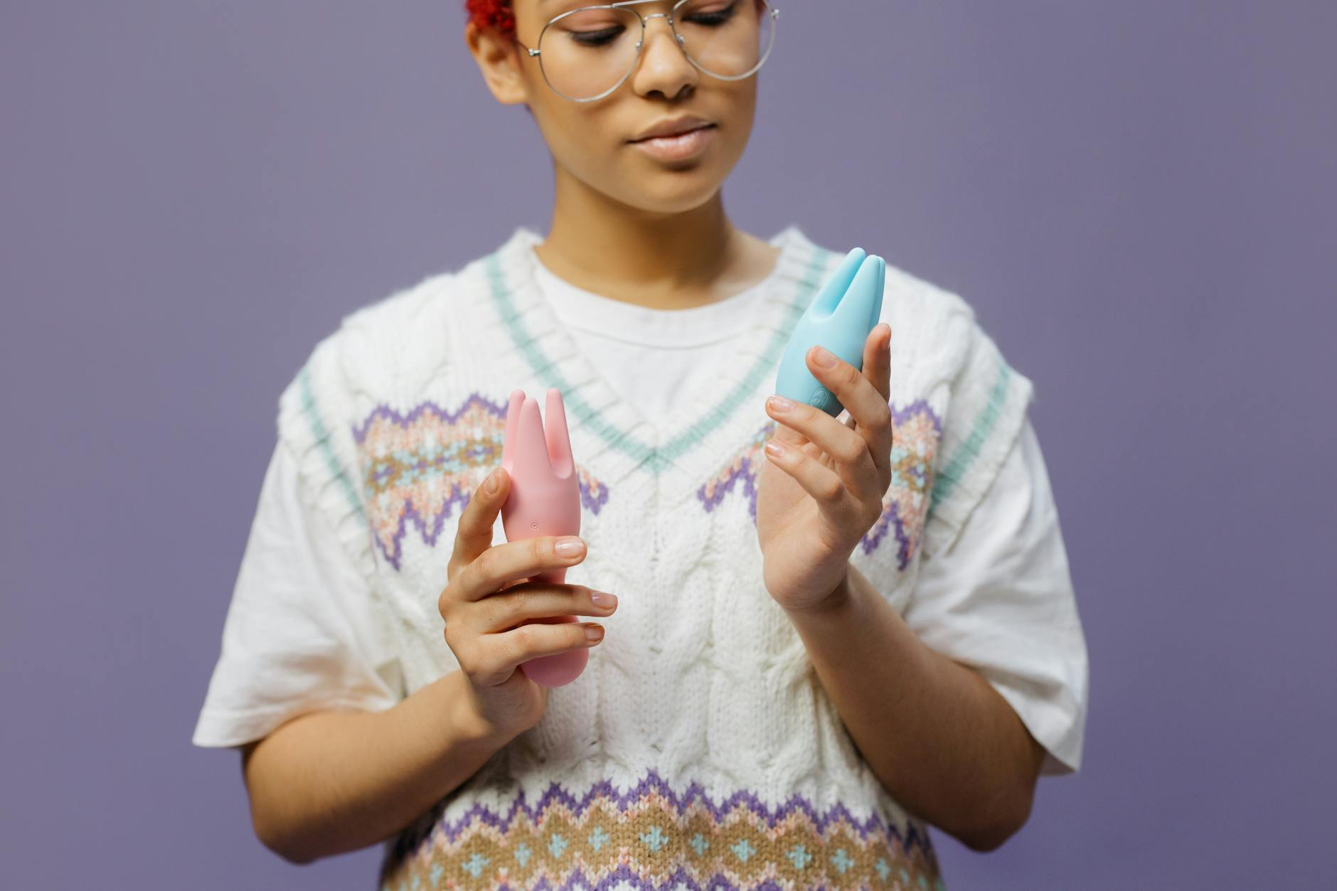 Woman holding lemon clitoral vibrators, thinking about pleasure recovery after depression
